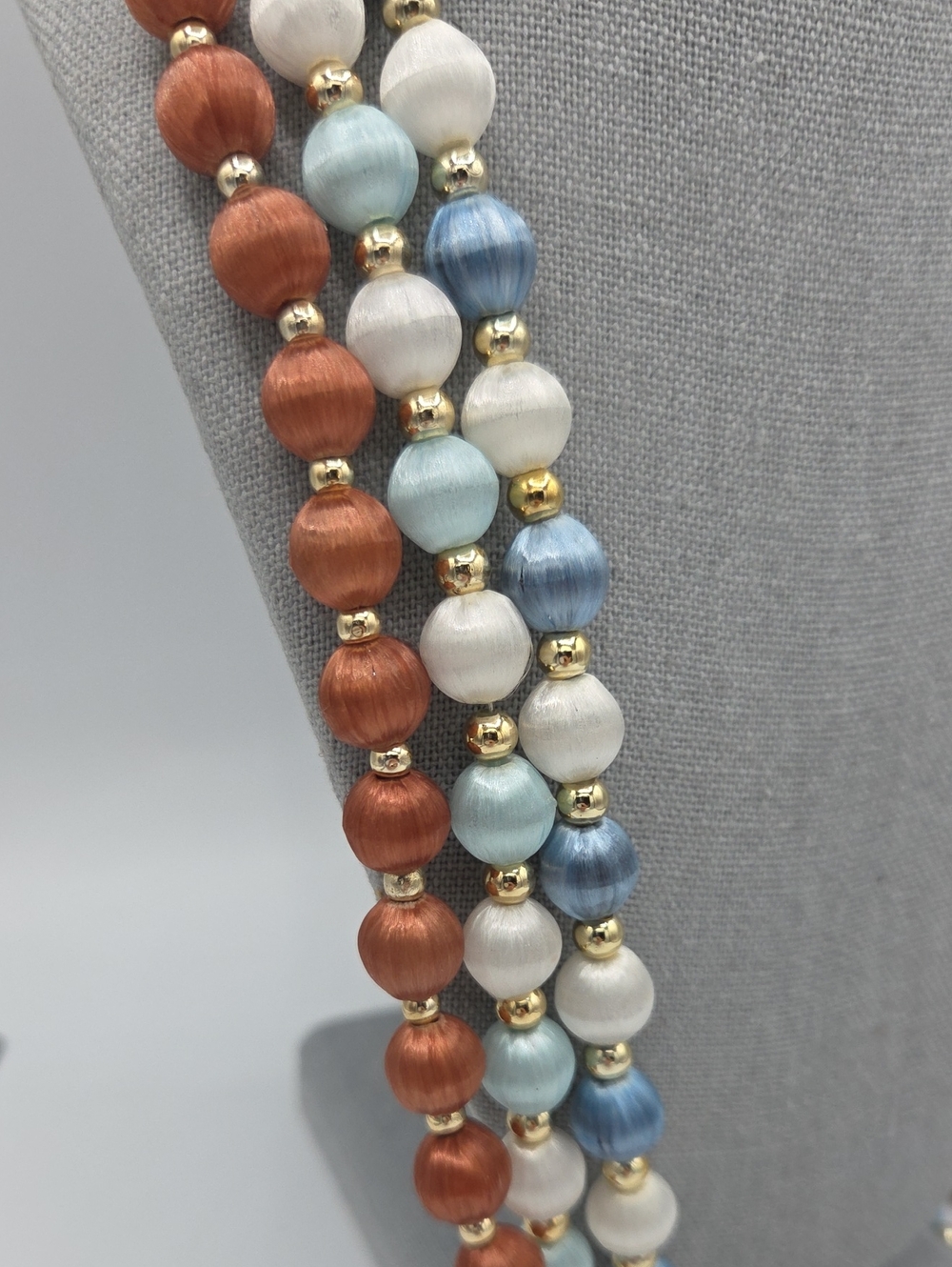 5 for $25! Retro 1960s Blue Brown Silk Thread Wrapped Bead Necklace Set Of 3
